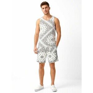 H&M Men's White/Black Paisley Terry Drawstring Shorts Elastic Waist Pockets L